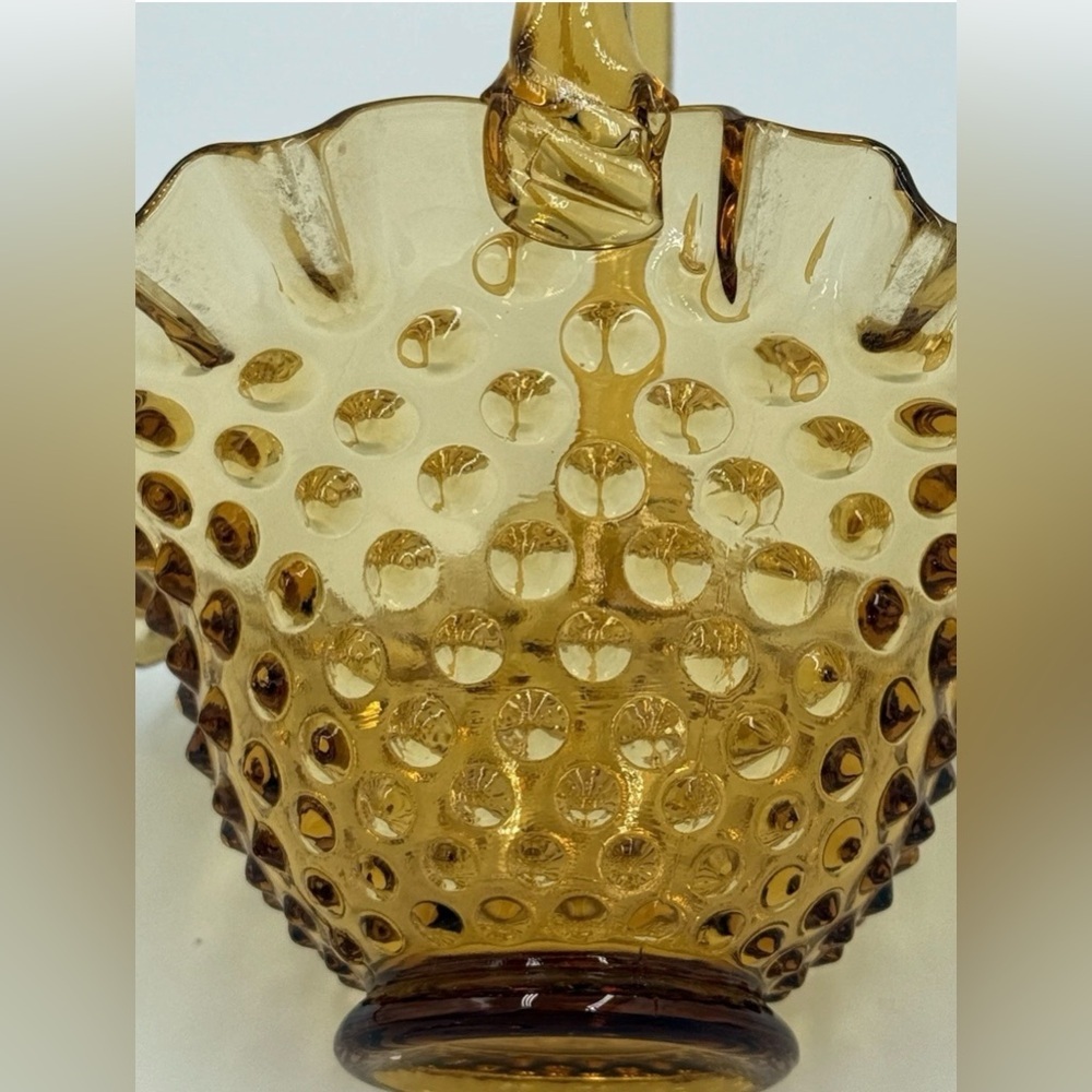Vintage Amber Hobnail Glass Basket Ruffled Edge Applied Handle Candy Dish - Picture 4 of 9